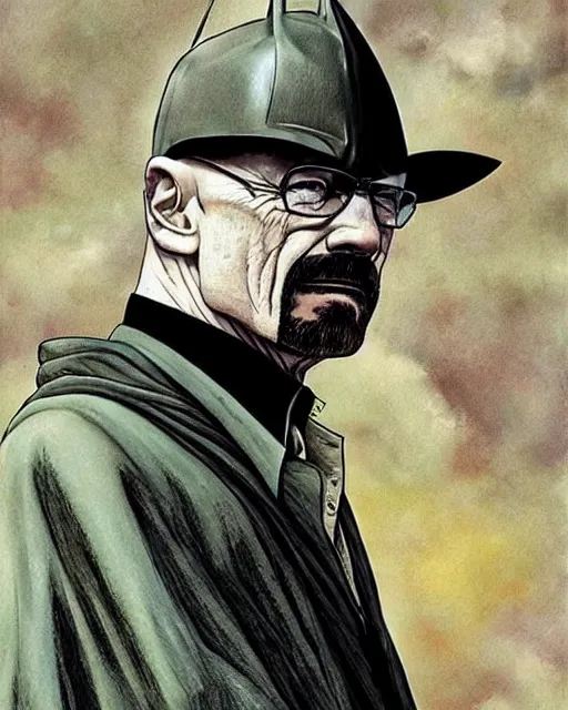 Prompt: portrait of walter white as the batman, illustration, art by neil gaiman and peter elson