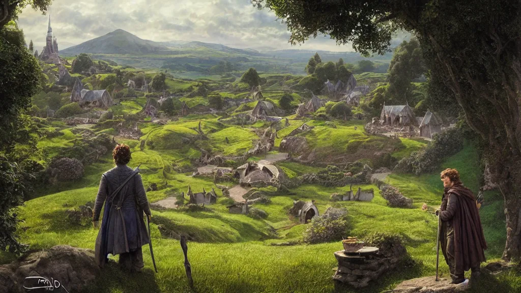 Image similar to frodo standing looking back over hobbiton, bag end visible in the distance, by alan lee, michal karcz, smooth details, lord of the rings, game of thrones, smooth, detailed terrain, oil painting, trending artstation, concept art, fantasy matte painting