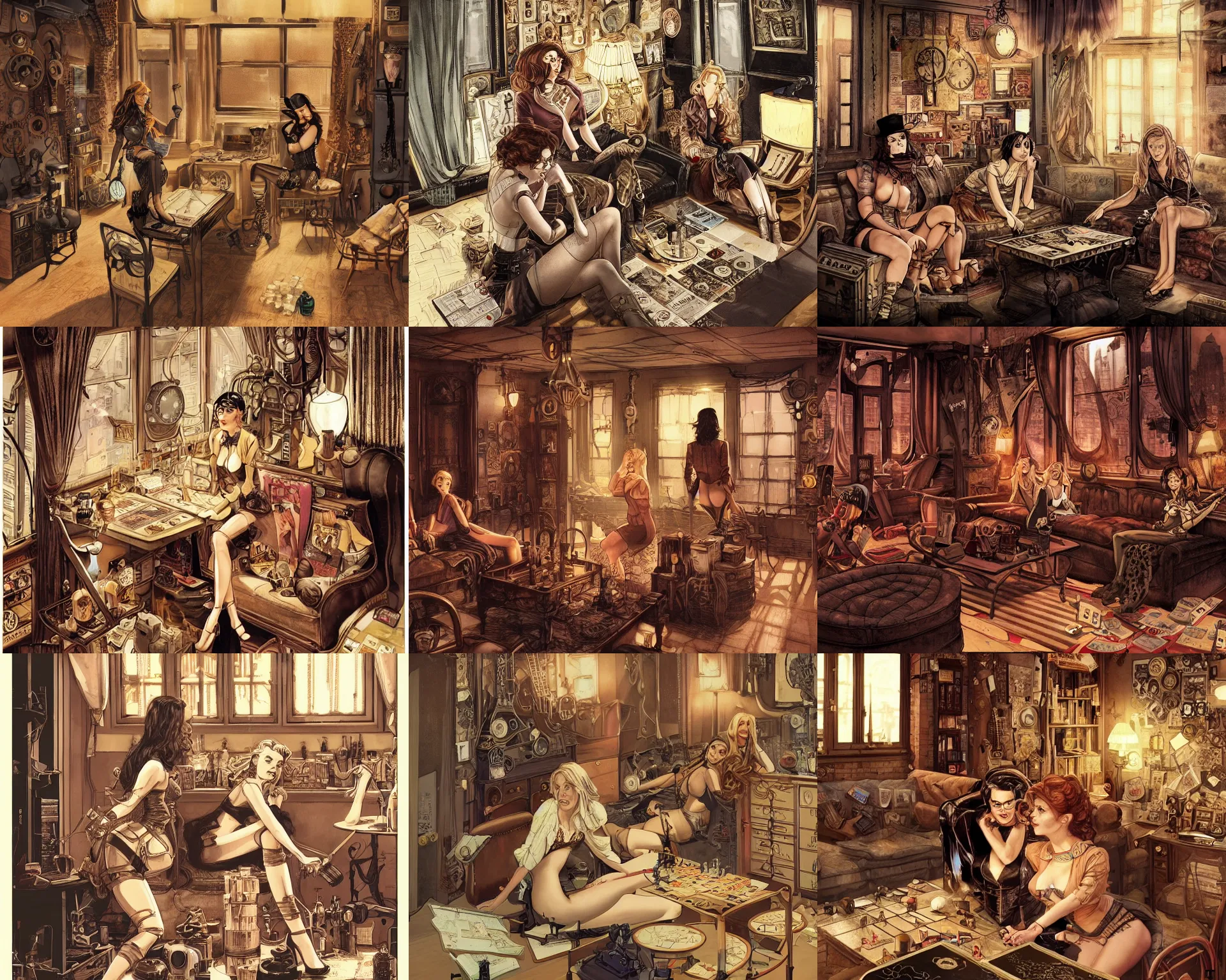 Prompt: women in the interior of a steampunk apartment, Milo Manara, night time, Margot Robbie, Scarlett Johanson, zoey Deschannel, smoking cigarettes, playing board games, highly detailed, level design, Tarantino movie posters on the walls, concept art, artstation, cgsociety, zenith view