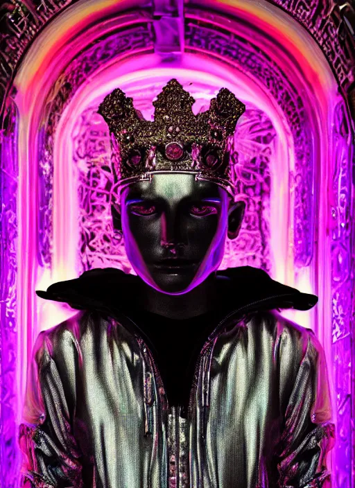 Prompt: photo of baroque and bladerunner geometric neon ruby sculpture of orgasmic lowpoly albino king adrien sahores tiger pink iridescent humanoid deity wearing black fluffy hoody holding diamond skull in a black metallic dungeon, reclining, glowing rainbow face, crown of white diamonds, cinematic lighting, photorealistic, octane render 8 k depth of field 3 d