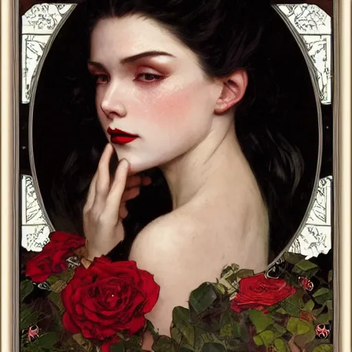 Prompt: portrait of a very beautiful vampire, top half of body, by Stanley Artgerm Lau , greg rutkowski, thomas kindkade, alphonse mucha, loish, norman rockwell, J. C. Leyendecker. dark black hair, pale skin, detailed eyes, red lips. framed by roses. Trending on artstation rule of thirds extremely detailed illustration hd 4k