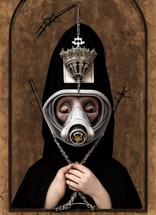 Image similar to highly detailed closeup portrait of a goth medieval nun wearing a crown and a gas mask sitting on a throne, nicoletta ceccoli, mark ryden, lostfish, global illumination, god rays, detailed and intricate environment