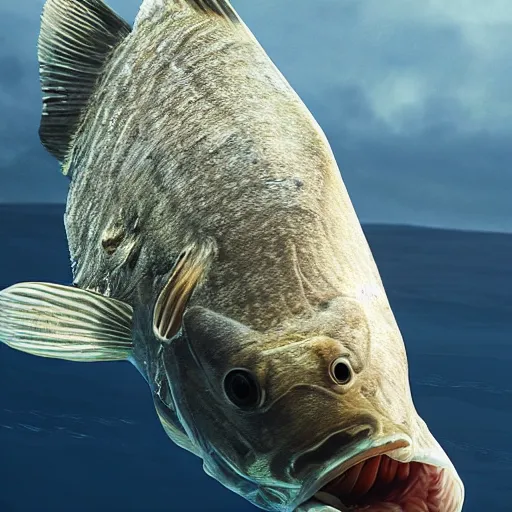 Image similar to incredibly detailed atlantic cod, hyper realistci, underwter, dynamic camera angle