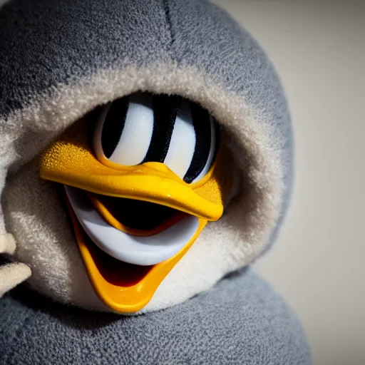 Image similar to realistic photograph of donald duck struggling to fall asleep, grumpy 2 4 mm f 1. 6