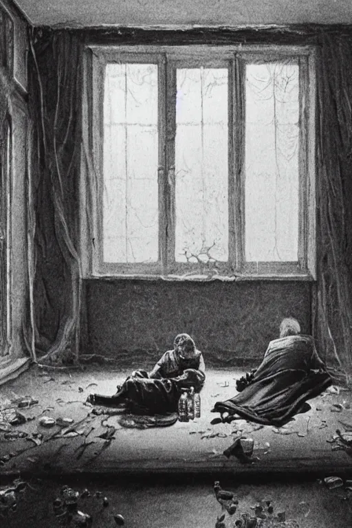 Prompt: realistic detailed image of a Top-down perspective of an old dead couple sitting on a couch with bottles on the floor in old living room with big window in thestyle of Francis Bacon and Greg Rutkowski, interior room, old dead couple in a messy living room with big window. Still from 1982 movie The Thing. Beksiński Masterpiece