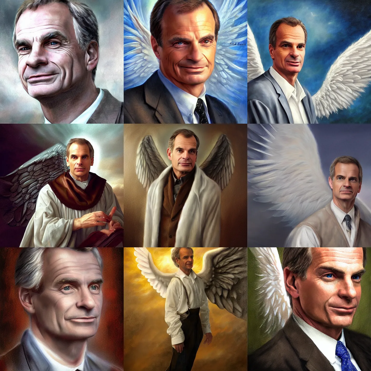 Prompt: portrait of William Lane Craig with angel wings, realistic painting, classical painting, high definition, digital art, matte painting, very detailed, realistic