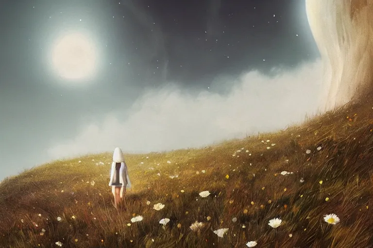 Prompt: giant white daisy flower head, girl walking on cliff, surreal photography, solar eclipse, milky way, dramatic light, impressionist painting, clouds, digital painting, artstation, james gilleard, liam wong, jeremy mann, simon stalenhag