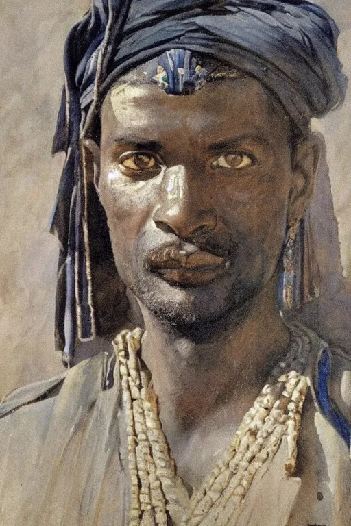 Image similar to a closer hero portrait of a live nubian temple guard with very piercing blue eyes, incredibly charismatic. in old egypt. masterpiece, dramatic light and shadow, saturated colors, ciaroscuro. painted by anders zorn
