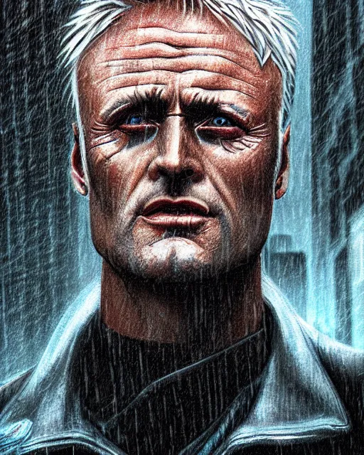 Image similar to a medium close up portrait of roy batty from blade runner, rainy streets in the background, digital art by joseph karl stieler and ross tran, highly detailed, trending on behance