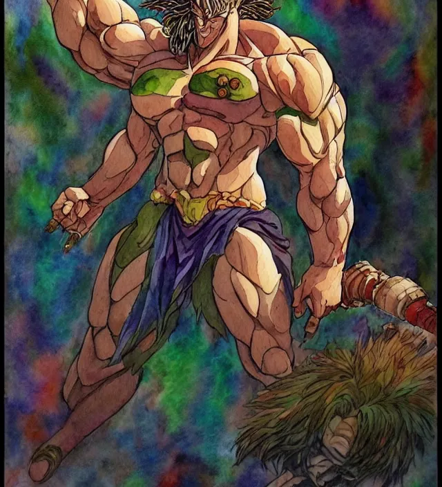 Image similar to a 3 / 4 view watercolor ink painting of broly as the god of war in the style of jean giraud in the style of moebius trending on artstation deviantart pinterest detailed realistic hd 8 k high resolution