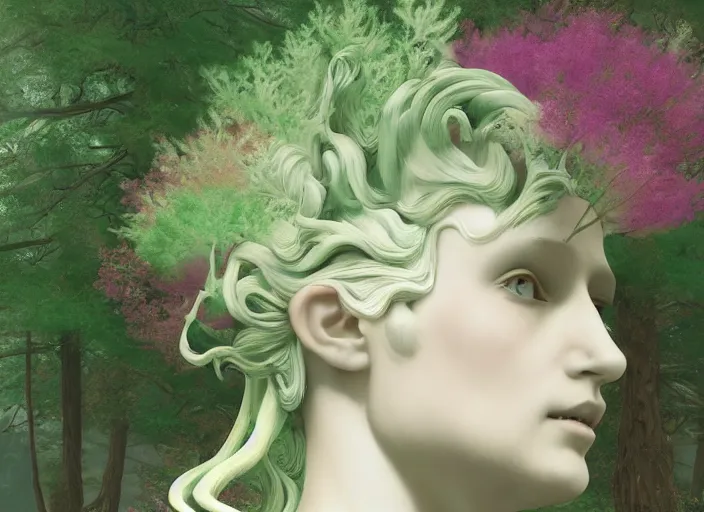 Image similar to a portrait of idealistic marble statue with fractal flowery hair and fair porcelain face and green eyes, in a magical forest, painted by, mc escher, gordon onslow ford, georgia o'keeffe and ivan aivazovsky, cinematic light, god rays, colourful, unreal engine, zbrush central,