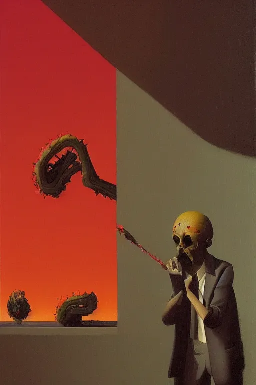 Image similar to chainsaw man and pinaple over his head Edward Hopper and James Gilleard, Zdzislaw Beksisnski, higly detailed