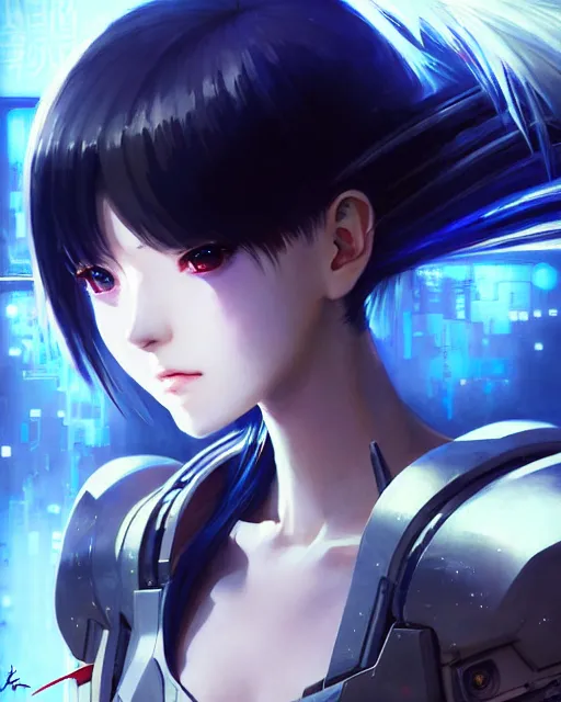 Image similar to portrait Anime Girl in mecha armor in night tokyo Sharp fine face pretty face, realistic shaded Perfect face, fine details. Anime. cyberpunk realistic shaded lighting by katsuhiro otomo ghost-in-the-shell, magali villeneuve, artgerm, rutkowski Jeremy Lipkin and Giuseppe Dangelico Pino and Michael Garmash and Rob Rey