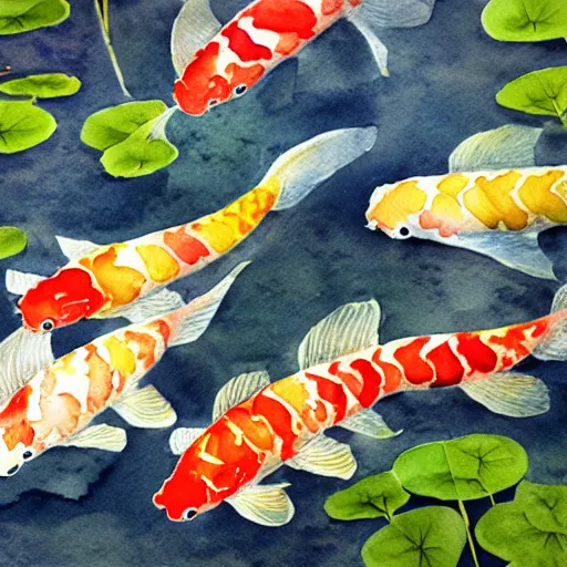 Prompt: watercolor art on paper, beautiful koi fish pond, highly detailed, artstation, masterpiece, award - winning