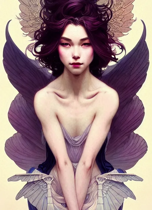 Prompt: portrait of woman with flowy hair, wings, confident pose, pixie, genshin impact, intricate, elegant, sharp focus, soft bokeh, illustration, highly detailed, concept art, matte, trending on artstation, bright colors, art by wlop and artgerm and greg rutkowski, mucha, giger, marvel comics