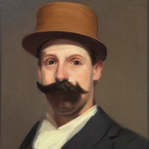 Image similar to portrait of a british man in a flat hat, a small mustache, and a nice brown suit, oil painting