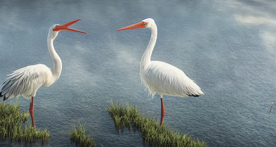 Prompt: A beautiful hyper realistic ultra detailed lifelike matte painting of a stork in a lake, unreal engine, deviantart, flickr, artstation, octane render, textured, colorful, extreme realistic detail, physically based rendering, pbr render, very detailed, volumetric lighting, detailed lighting, octane render, 4k, cinematic lighting, 8k resolution