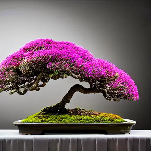 Image similar to A picture of a planet of various flowers, fungus and plants, Bonsai , in which the human figure is dressed in something magical and impressive, inside the picture is infinity, muted light, BotanicalAtmospheric phenomenon, artistic photography, muted colors, conceptual, Kodachrome