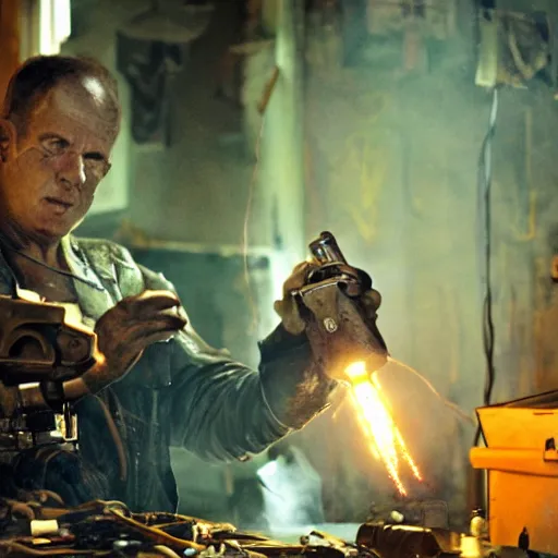 Image similar to half rusted old egg beater half stun - gun, balding older cyborg repairing, red hot soldering iron, dark messy smoke - filled cluttered workshop, dark, dramatic lighting, orange tint, cinematic, highly detailed, sci - fi, futuristic, movie still from blade runner