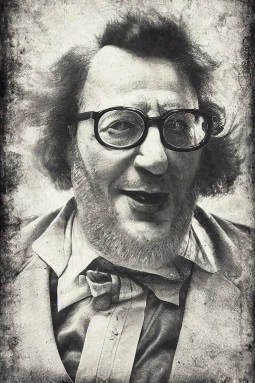 Image similar to ronald mcdonald, portrait, full body, symmetrical features, silver iodide, 1 8 8 0 photograph, sepia tone, aged paper, sergio leone, master prime lenses, cinematic