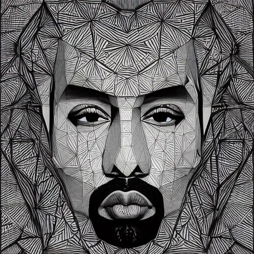 Prompt: Geometrically surreal Kanye West, extremely high detail, photorealistic, intricate line drawings, dotart, album art in the style of James Jean