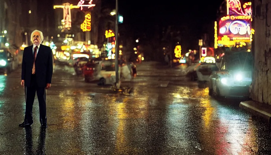 Image similar to hyper-realistic 2010s movie still of Giovanni Falcone in a street a night, by Paolo Sorrentino, Cinestill 800t 35mm, beautiful color, high quality, neon billboards and streetlight, rain, lens flare