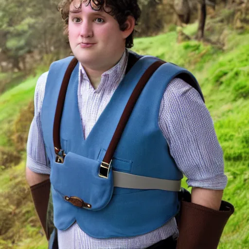 Prompt: clean shaven pudgy British lad with short curly dark brown hair as a hobbit wearing a white men's crossbody sling chest bag and blue vest