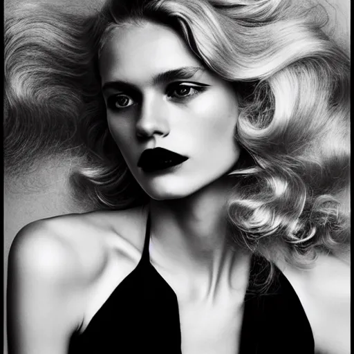 Prompt: stunning black and white portrait of a beautiful blonde woman by peter lindbergh. long curly glossy hair and makeup. vintage glamour. shiny dark lips. fashion photography.