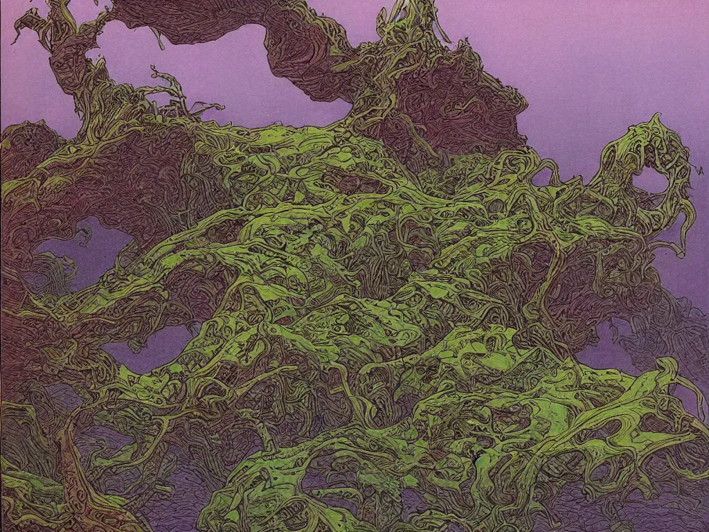 Image similar to moebius drawing painting lush alien landscape