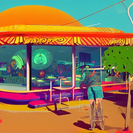 Image similar to psychedelic fast food restaurant near the beach by simon stalenhag