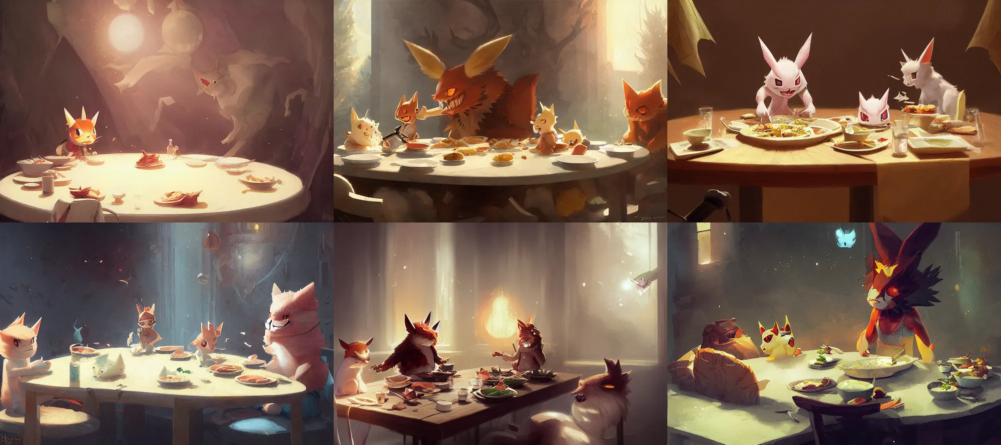 Prompt: gatomon eating dinner at a table happiness is temporary by greg rutkowski
