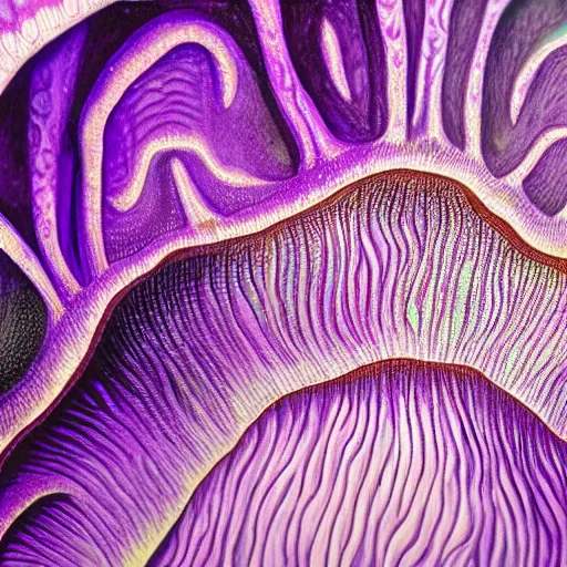 Image similar to a mushroom's gills from the bottom that is purple and grey with psychedelic patterns ; maximum realism ; maximum detailed close - up ; dramatic lighting