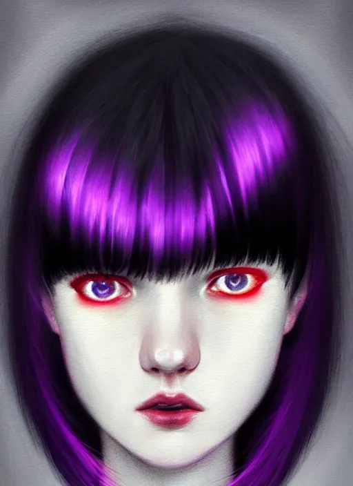 Image similar to hair whitebangs hair, black hair, blackbangswhitehair, portrait of teenage girl with white bangs, red irises, purple clothes, white bangs, bangs are different color from hair, intricate, elegant, glowing lights, highly detailed, digital painting, artstation, concept art, sharp focus, illustration, art by wlop, mars ravelo and greg rutkowski