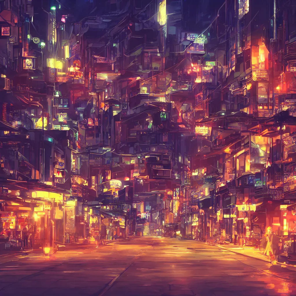 Image similar to futurisitc western street background at night, anime, painting, 4 k