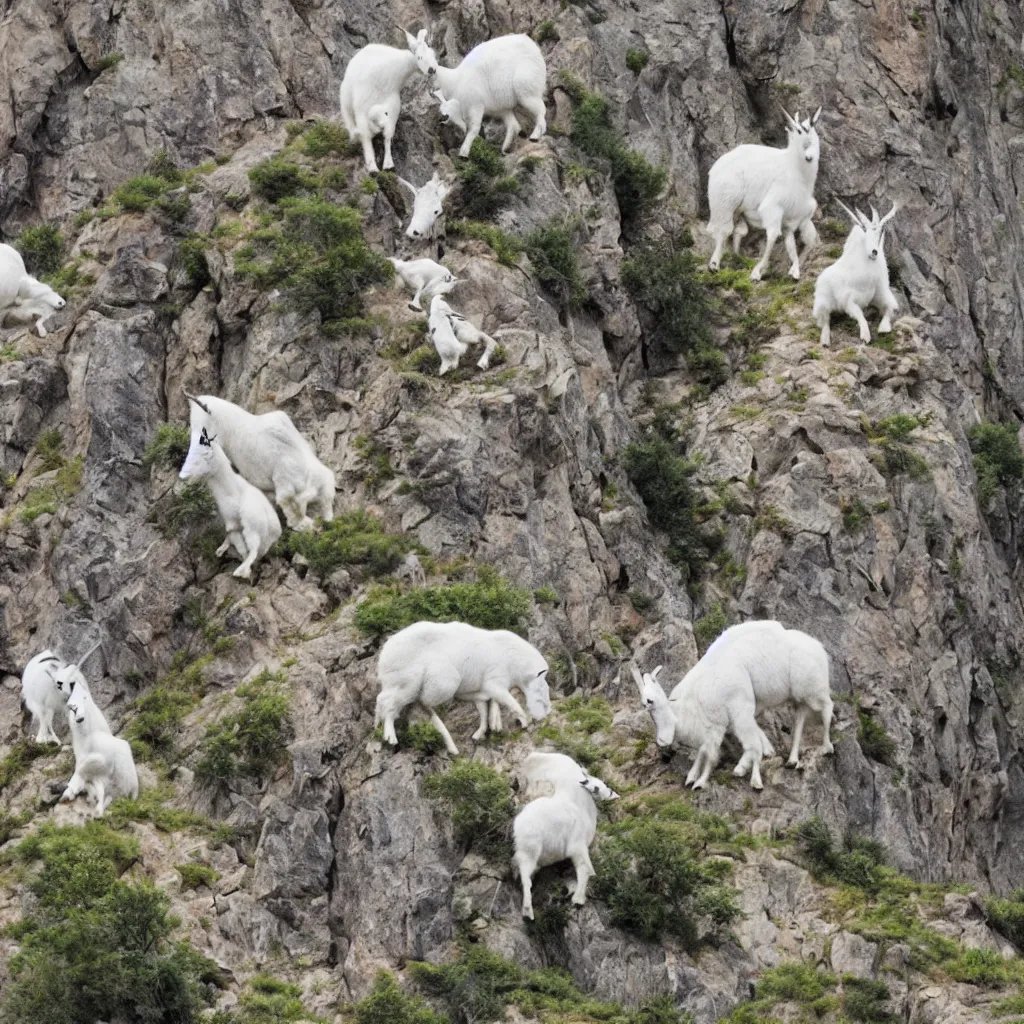 Image similar to mountain goats on a sheer cliffside, expressive, hyperrealism, photorealistic