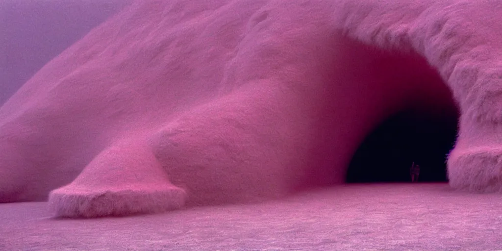 Image similar to a strange huge translucent pvc inflated organic architecture building with pink fluffy fur inside by anish kapoor sits in the rock mountains, film still from the movie directed by denis villeneuve with art direction by zdzisław beksinski, close up, telephoto lens, shallow depth of field