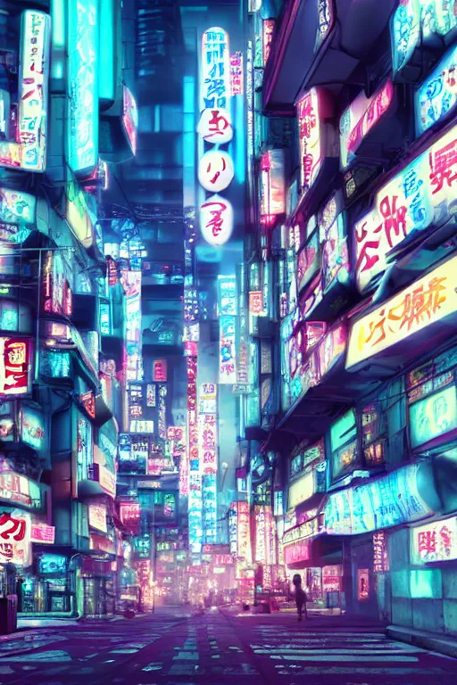 Prompt: japanese cyberpunk city with neon signs female cyborg, enchanting, volumetric, dramatic lighting, highly detailed, 8 k, vibrant, trending on artstation, octane render