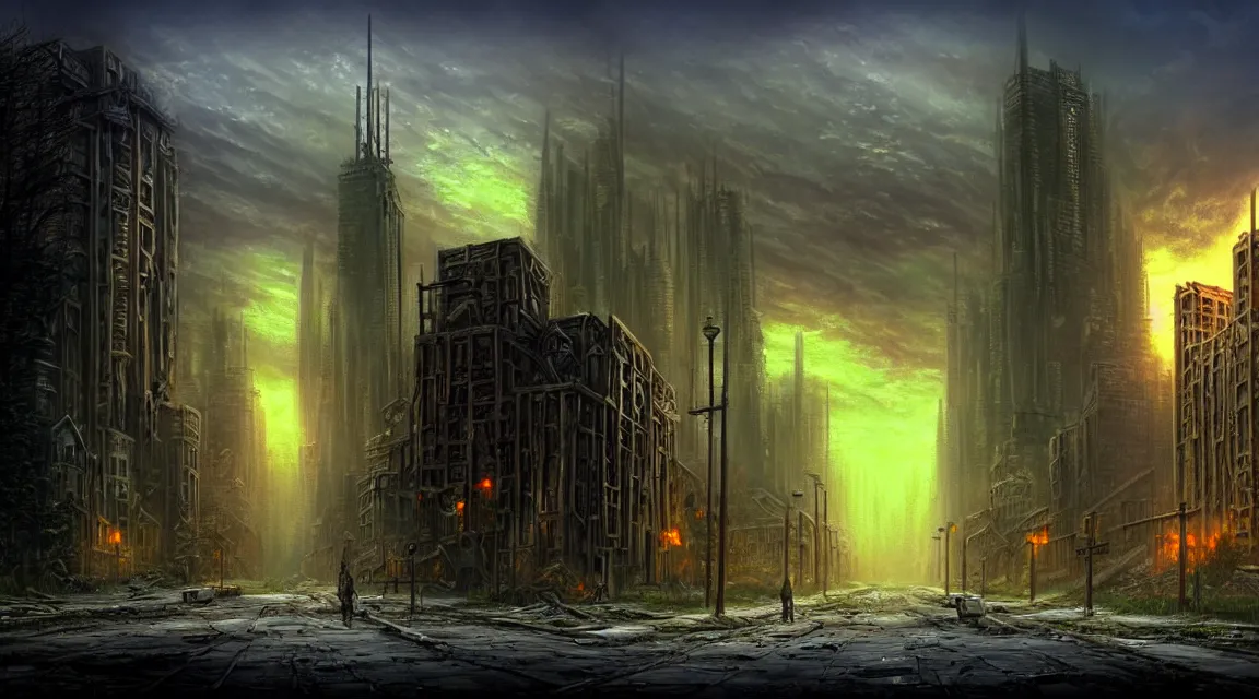 Prompt: post - apocalyptic dystopian building, avenue, in the style of thomas kinkade