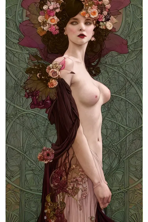 Image similar to full length portrait of a beautiful mysterious fairy with flowery headgear, no hands, by eve ventrue, michael carson, andreas rochas, john watkiss, casey weldon, artgerm. art nouveau. tarot card by mucha. gloomhaven. swirly intricate linework background. gaudy colors, sharp edges. octane render