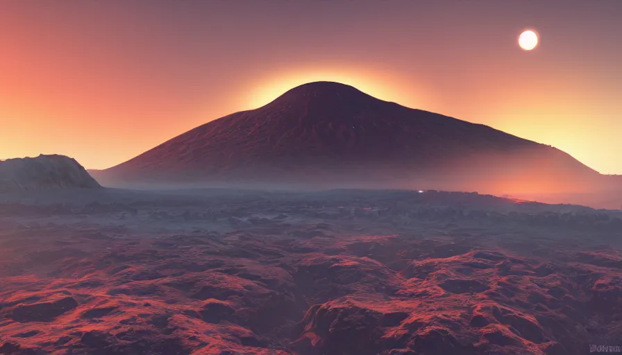 Image similar to planet with the volcanic landscape, concept art, at morning, sunrise, smooth fog, high quality, art in style of gta, symmetry in objects