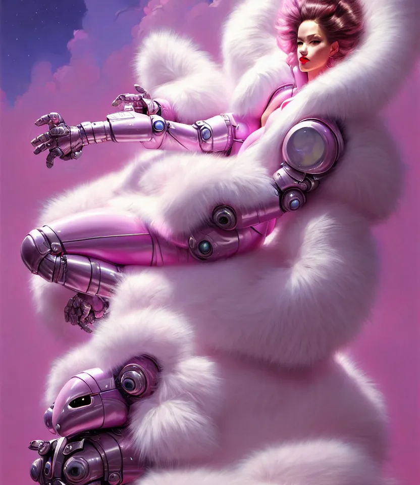 Image similar to beautiful fantasy character portrait, wearing pink puffy bomber jacket with white fur, seductive reclining pose, futuristic robots sitting, ultra realistic, dramatic lighting, robots, the fifth element artifacts, highly detailed by peter mohrbacher, hajime sorayama, wayne barlowe, boris vallejo, aaron horkey, gaston bussiere, craig mullins