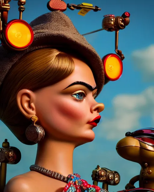 Image similar to highly detailed closeup, face profile portrait of a tin toy retro 1 9 5 0 s cara delevingne, bikini, unreal engine, nicoletta ceccoli, mark ryden, earl norem, lostfish, global illumination, detailed and intricate environment