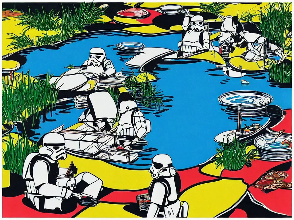 Prompt: close - up image of a japanese house with a pond, stormtroopers sitting around it, in style of pop - art, andy warhol, roy lichtenstein, jackie tsai, bright palette, acrylic on canvas