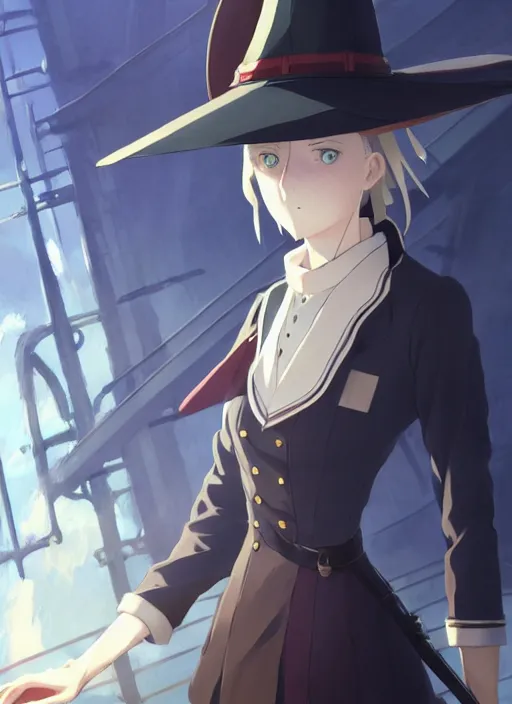 Image similar to portrait of lady maria, helm of second world war warship in background, illustration concept art anime key visual trending pixiv fanbox by wlop and greg rutkowski and makoto shinkai and studio ghibli and kyoto animation, symmetrical facial features, shoulder eyes, astral witch clothes, dieselpunk, realistic anatomy, gapmoe yandere grimdark, volumetric lighting, backlit