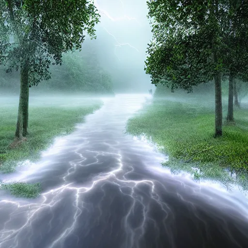 Image similar to a hyper realistic image of a river going between the trees and it is raining heavily and in the cloud you can see lightning 3 d