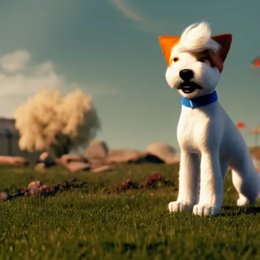 Prompt: tintin and his white wire fox terrier, depicted as a pixar character, high quality cg render, 8 k