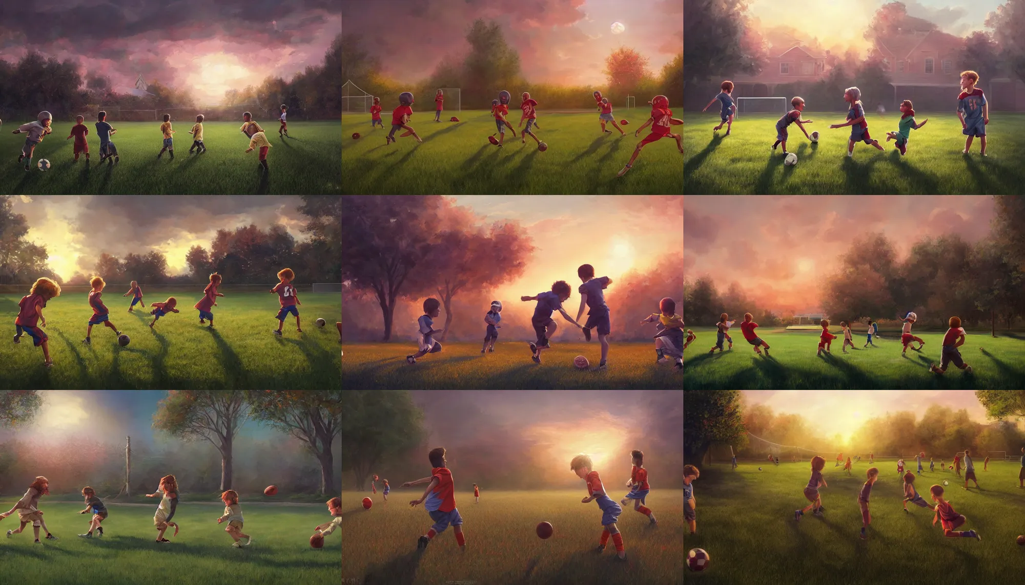Prompt: beautiful painting of backyard football field with a pair of playing children during sunset, wide shot, digital painting, intricate details, trending on artstation, concept art, octane render, realistic, highly detailed, smooth, sharp focus, beautiful, 4 k, 8 k, hd, art by charlie bowater and artgerm and greg rutkowski