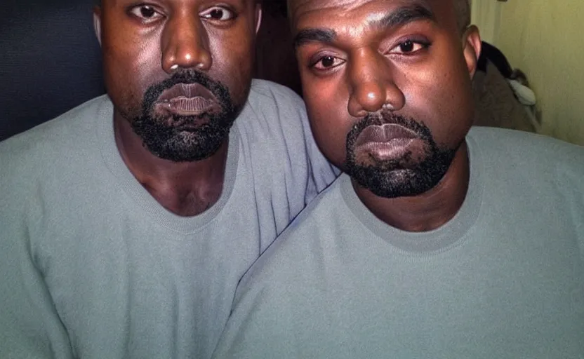 Image similar to my uncle look like Kanye West if he was poor asf lmao, close-up, uncomfortable, funny, phone quality, camera flash on, viral photo, viral on instagram