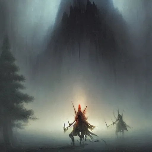 Image similar to ''cinematic shot'' hooded dark demon mage reinccarnating skeletons with golden armor and spears in the dead forest full of monster atmosferic dark foggy made by ivan aivazovsky, peter mohrbacher, greg rutkowski volumetric light effect broad light oil painting painting fantasy art style sci - fi art style realism premium prints available artwork unreal engine