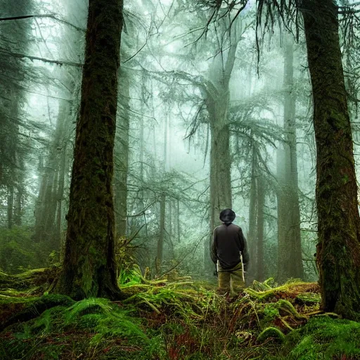 Image similar to old man waiting for you in the forest, mossy forest, mystical, ancient, light from above, fantasy